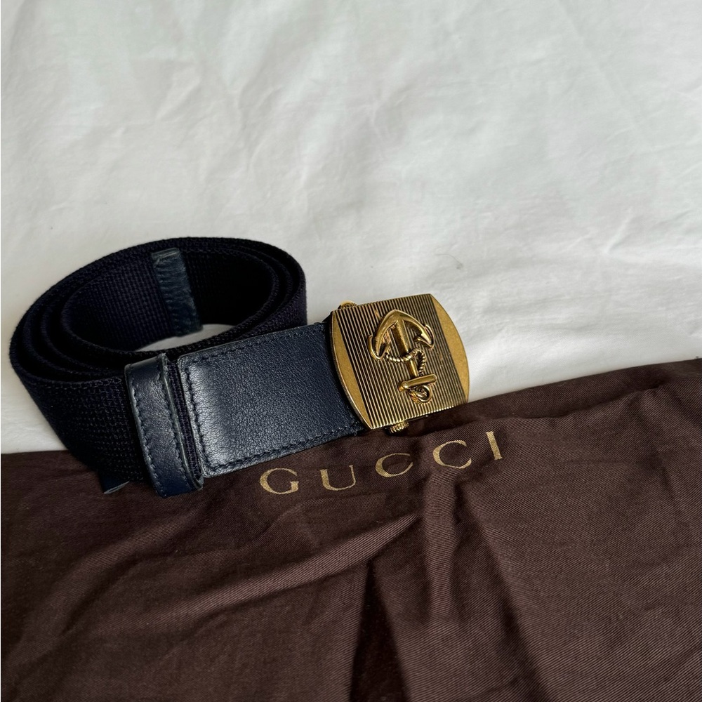 Navy Blue/White leather/fabric Gucci belt with brass buckle - Picture 3 of 3